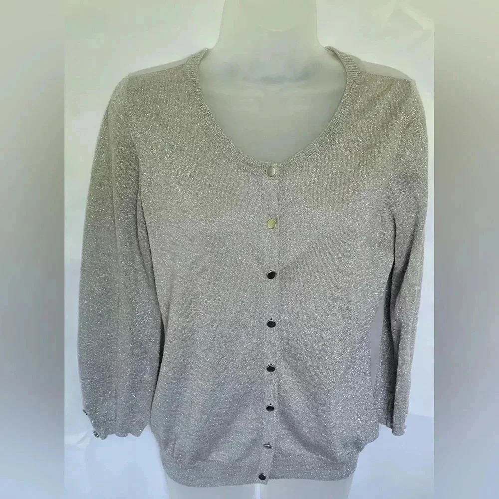 VTG Y2K 1990s Limited Silver Metallic/Gray Button Up Cardigan Sheer Back Sz Med.